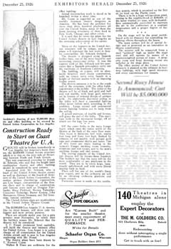 News of the new theatre as featured in <i>Exhibitors Herald</i> (5 December 1926), held by the Museum of Modern Art Library in New York and scanned online by the Internet Archive (770KB PDF)