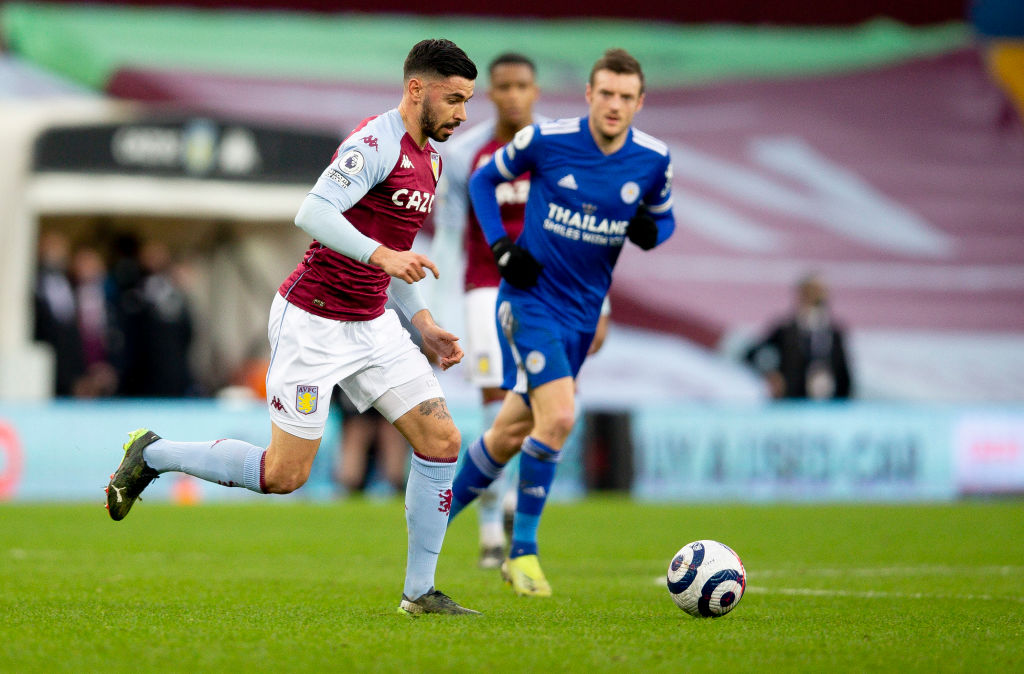 Morgan Sanson of Aston Villa in action during the Premier League match between Aston Villa and Leicester City at Villa Park on February 21, 2021 in...