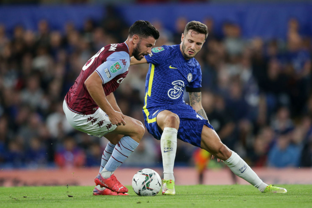 Morgan Sanson of Aston Villa and Saul Niguez of Chelsea during the Carabao Cup Third Round match between Chelsea and Aston Villa at Stamford Bridge...