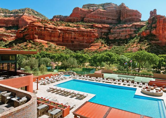 aerial view of Enchantment Resort pool with mountains