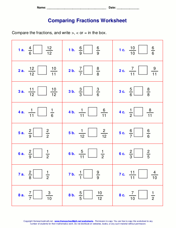 Comparing And Ordering Fractions Worksheet