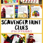 Assorted scavenger hunt clue cards for diverse occasions with a central title banner.