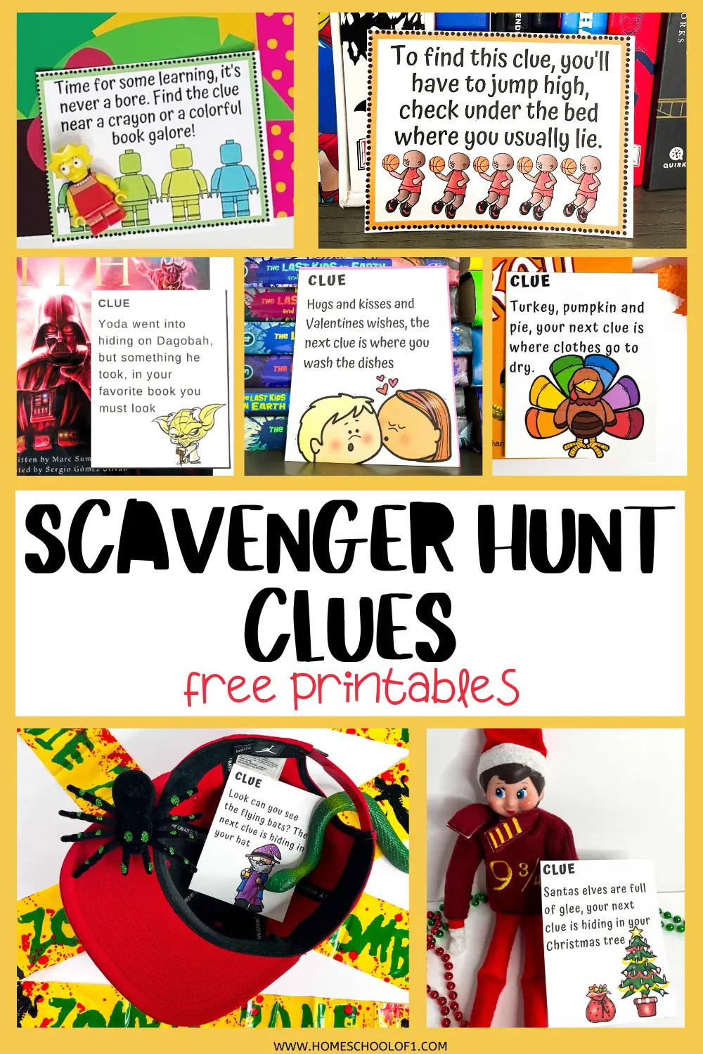 Assorted scavenger hunt clue cards for diverse occasions with a central title banner.