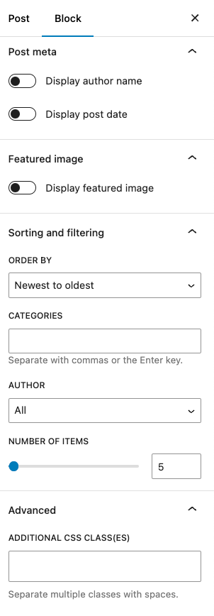 The Advanced section in the left sidebar in the block editor