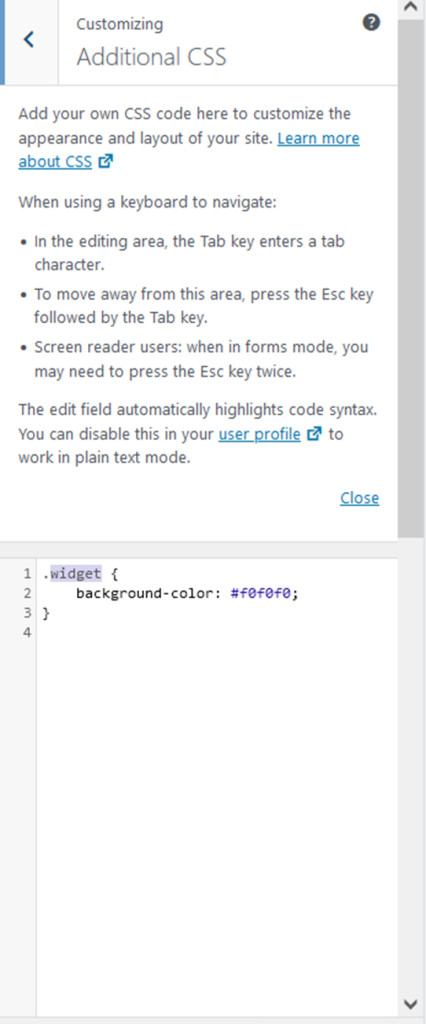 The Additional CSS setting in Theme Customizer