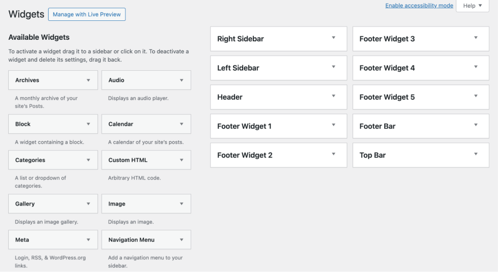 The Widgets screen in the WordPres admin panel