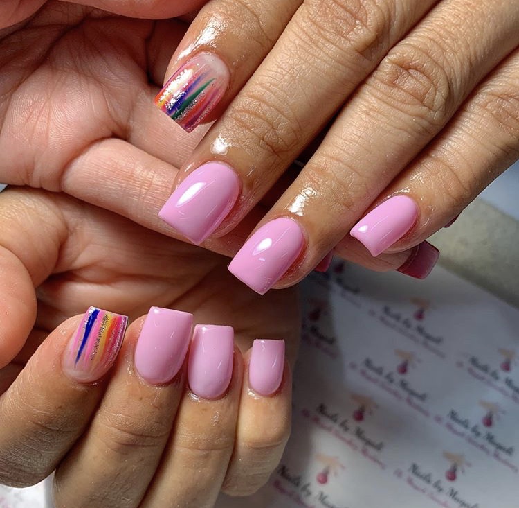 Pink and transparent rainbow gel short nails