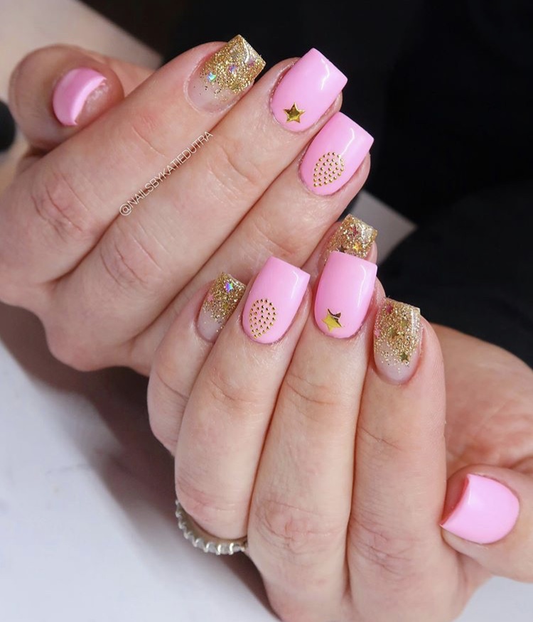 Pink and gold short square nails