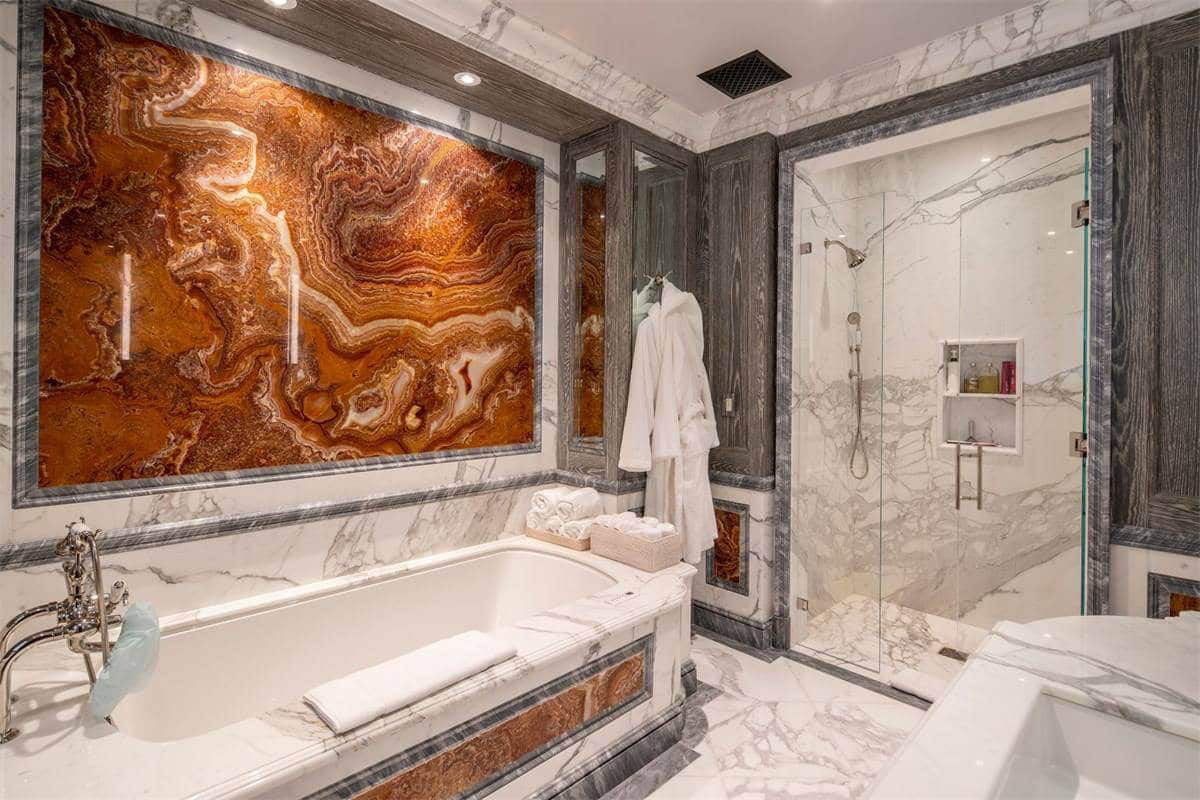 Distressed Oak, Gray Onyx and Red Marble Bathroom