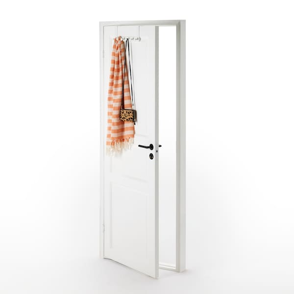 A freestanding white door is slightly open. It has an ENUDDEN hanger holding accessories installed on its top edge.