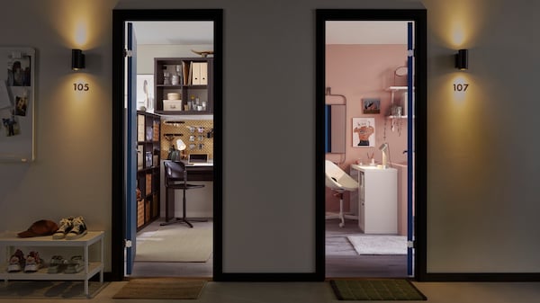 Two door openings showing a glimpse of two dorm rooms furnished with KALLAX shelving units, one dreamy and one bold style.