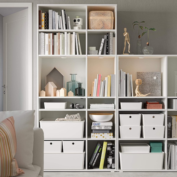 storage shelves with boxes and books