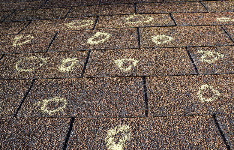 hail damage marks on a shingle roof