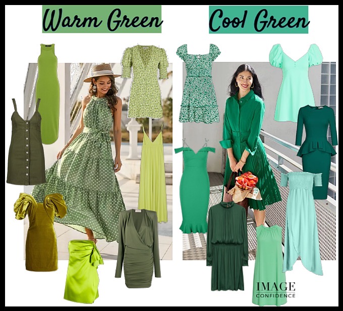 A selection of warm green and cool green dresses.