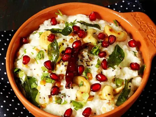 curd rice served in a terracotta bowl