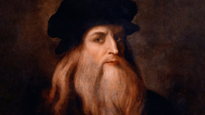 A painted portrait of a bearded man in a black cap looking towards the viewer, self-portrait of Leonardo Da Vinci used in the PBS documentary 'Leonardo Da Vinci'