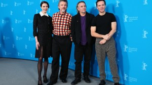 Margaret Qualley, Ethan Hawke, Richard Linklater, and Andrew Scott pose at the 'Blue Moon' photocall during the 75th Berlinale International Film Festival Berlin