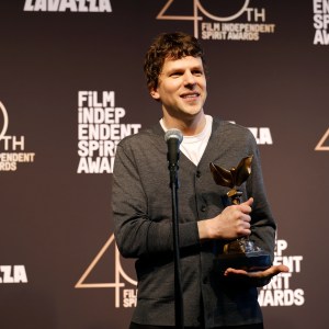 SANTA MONICA, CALIFORNIA - FEBRUARY 22: Jesse Eisenberg, winner of the Best Screenplay award for "A Real Pain" speaks in the press room during the 2025 Film Independent Spirit Awards on February 22, 2025 in Santa Monica, California.  (Photo by Frazer Harrison/Getty Images)