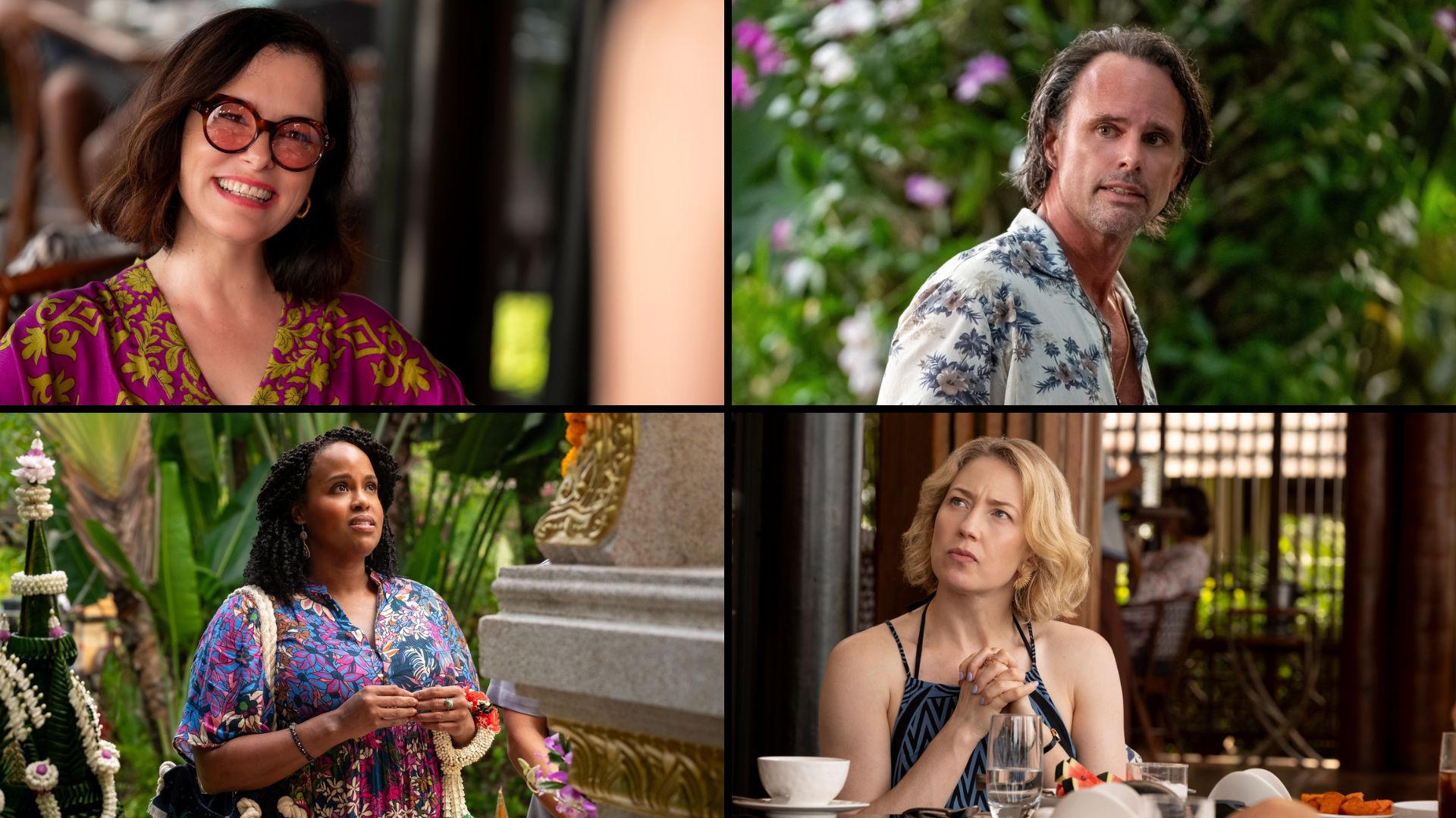 Composite stills of Parker Posey, Walton Goggins, Natasha Rothwell, and Carrie Coon in 'The White Lotus' Season 3