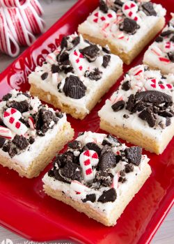 a close up look of sliced cookie bars with chocolate wafer cookies and crushed candy canes on top