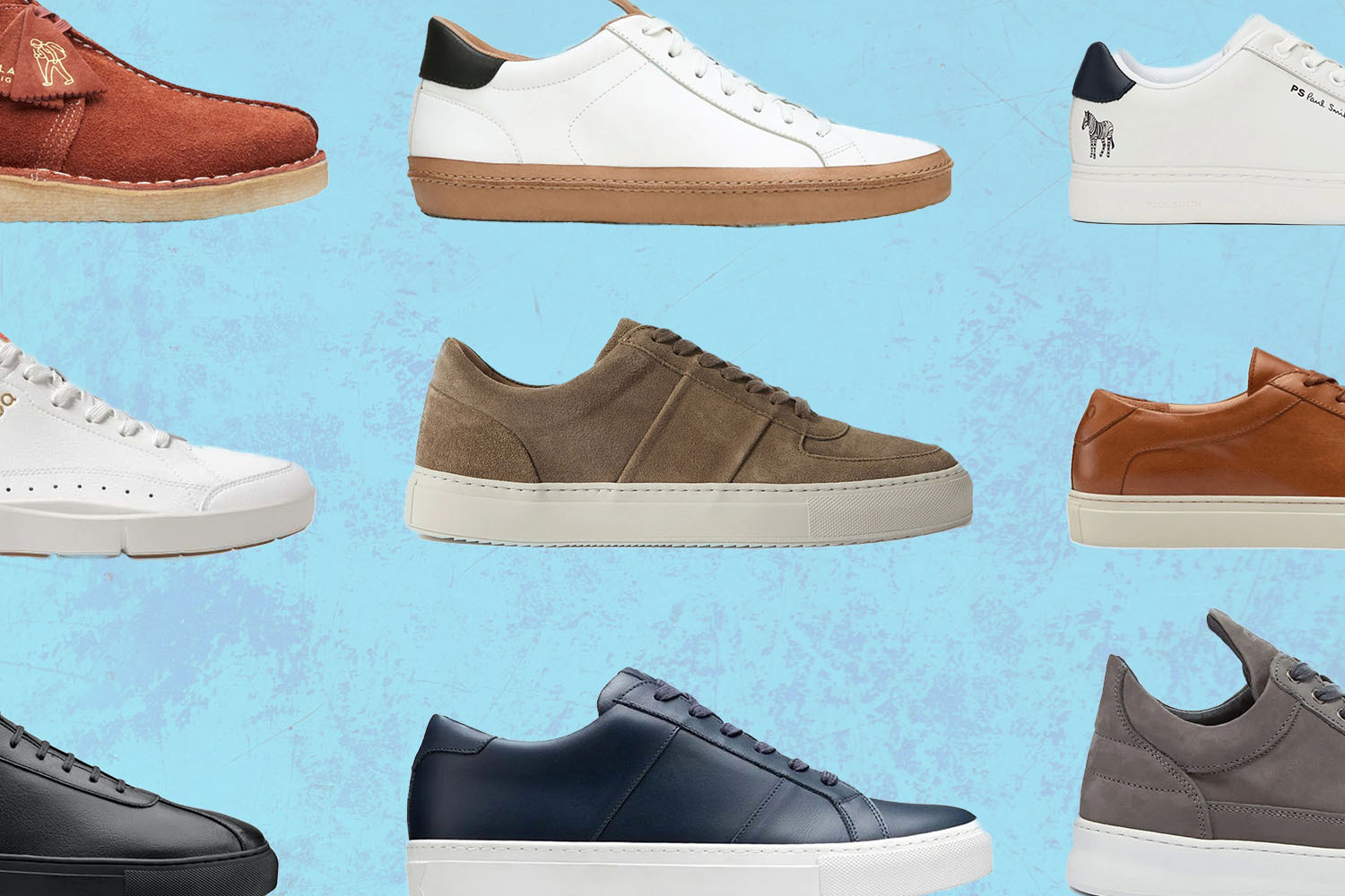 a collage of the best office sneakers for men on a grey background