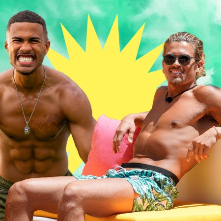 An edit featuring two shirtless men flexing in front of a light green background.