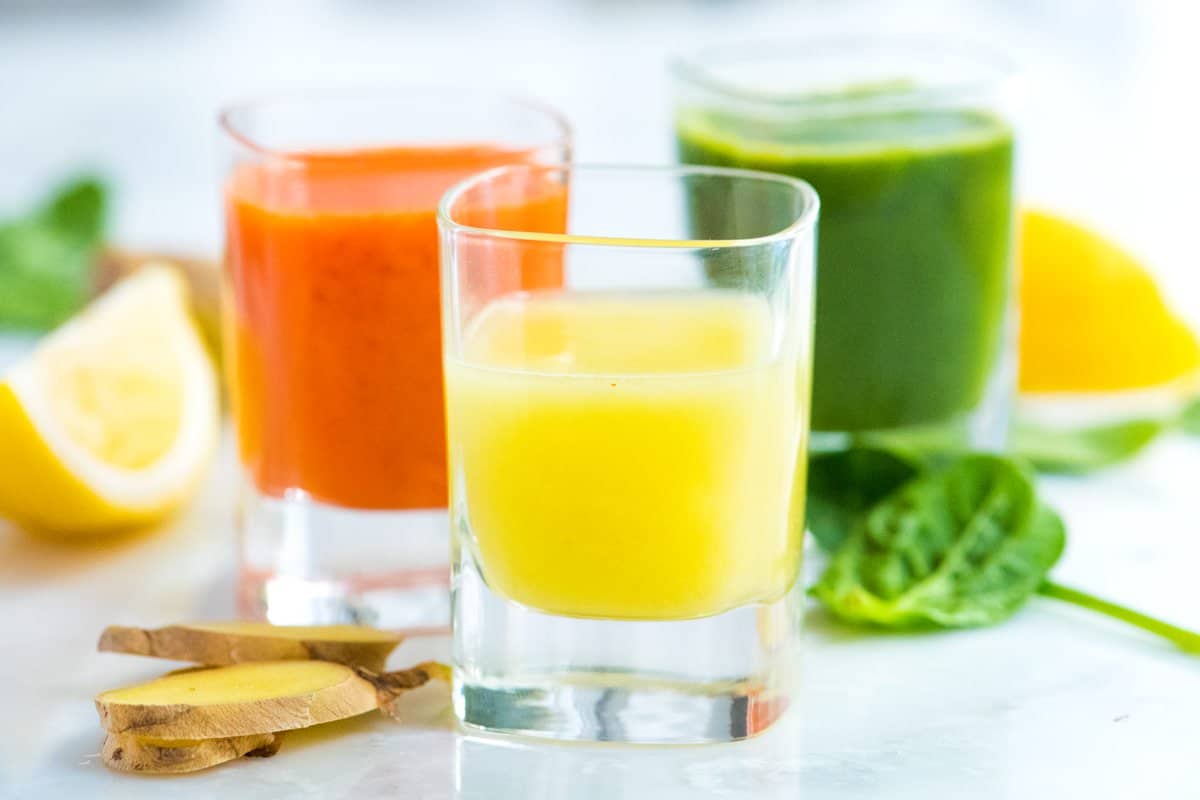 Three Ginger Shots (Lemon, Carrot, and Green)