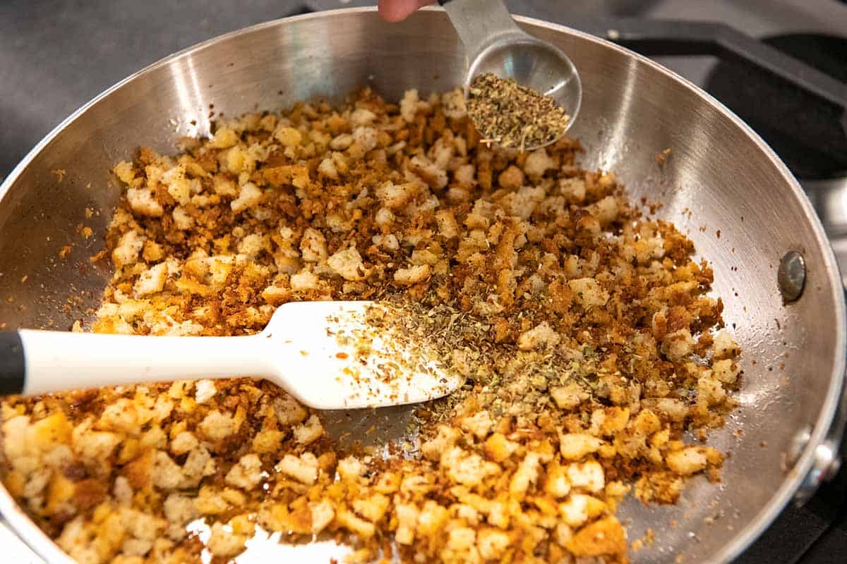 How to Make Breadcrumbs: Toasting breadcrumbs in a skillet with spices.