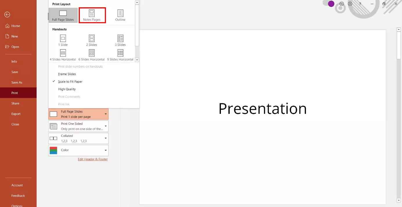 Printing PowerPoint slides with notes: selection in the print menu