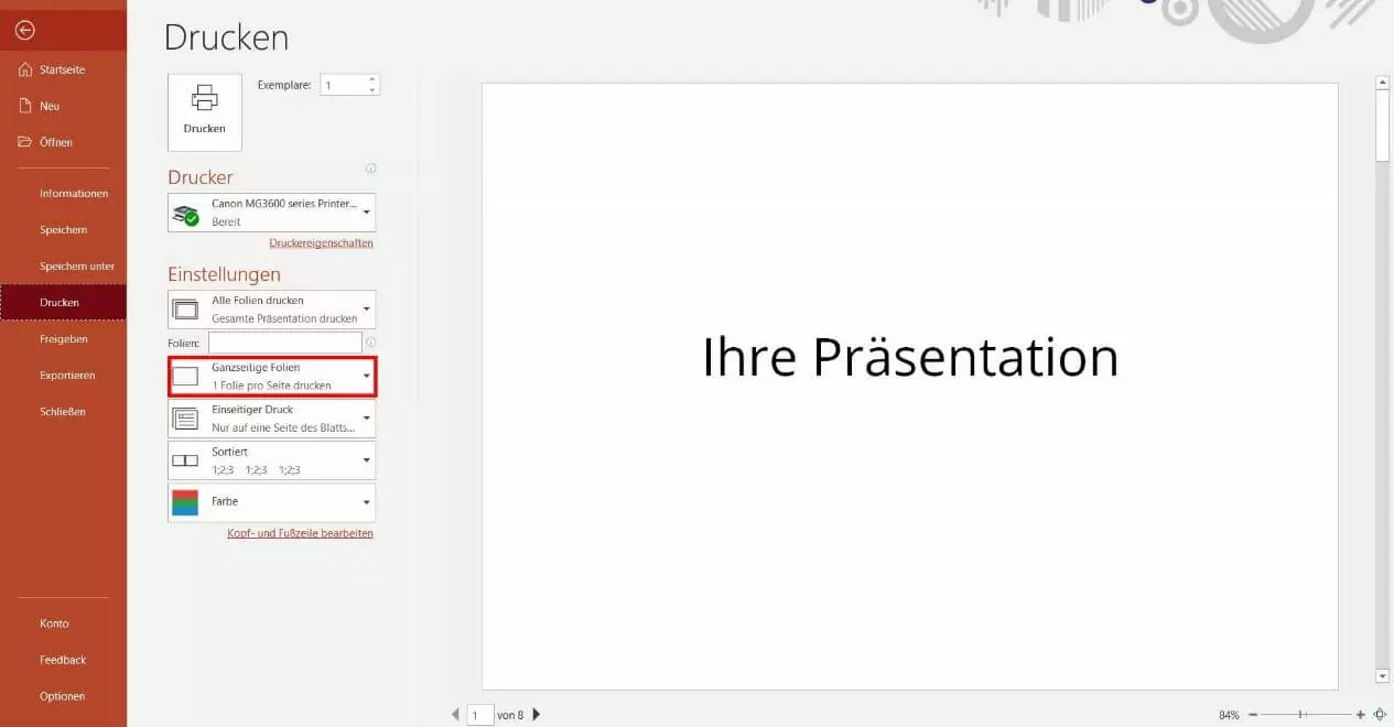 PowerPoint-Druckeinstellungen