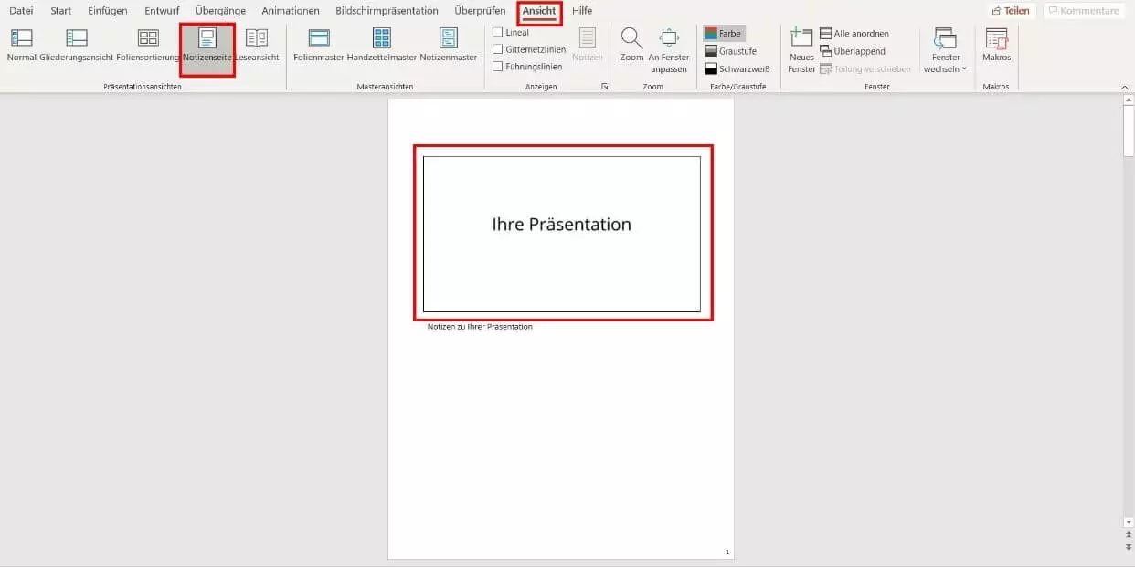 PowerPoint Notizseite ohne Folien