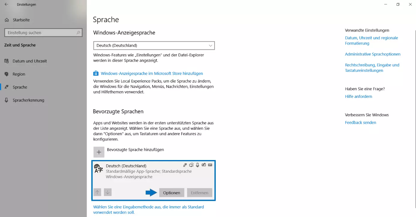 Optionen für die bevorzugte Sprache in den Windows-Einstellungen