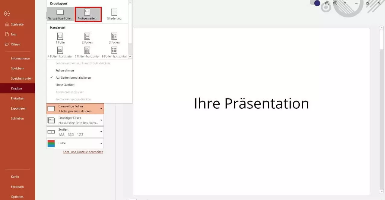 PowerPoint-Folien mit Notizen drucken: Auswahl im Druckmenü