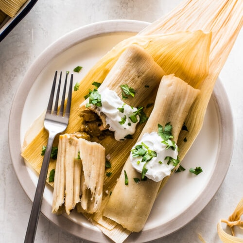 Chicken tamales made from an easy masa tamale dough and stuffed with tender pieces of chicken and green chile verde sauce. Great for serving a crowd or freezing and reheating for later! #tamales #chickentamales #glutenfree #mexicanfood