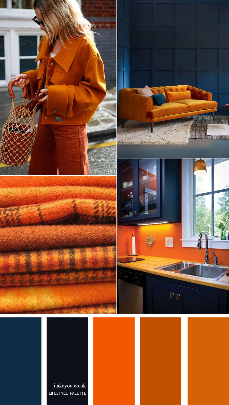 Dark blue and orange colour combos { 15 Color Palette Ideas for Home Decor }