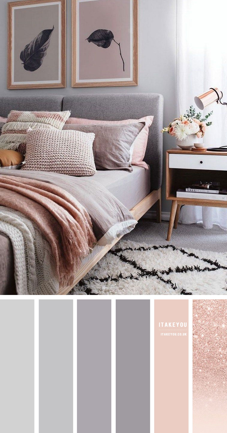 grey and rose gold bedroom, grey color bedroom, grey and light peach bedroom #bedroomcolor #bedroom 