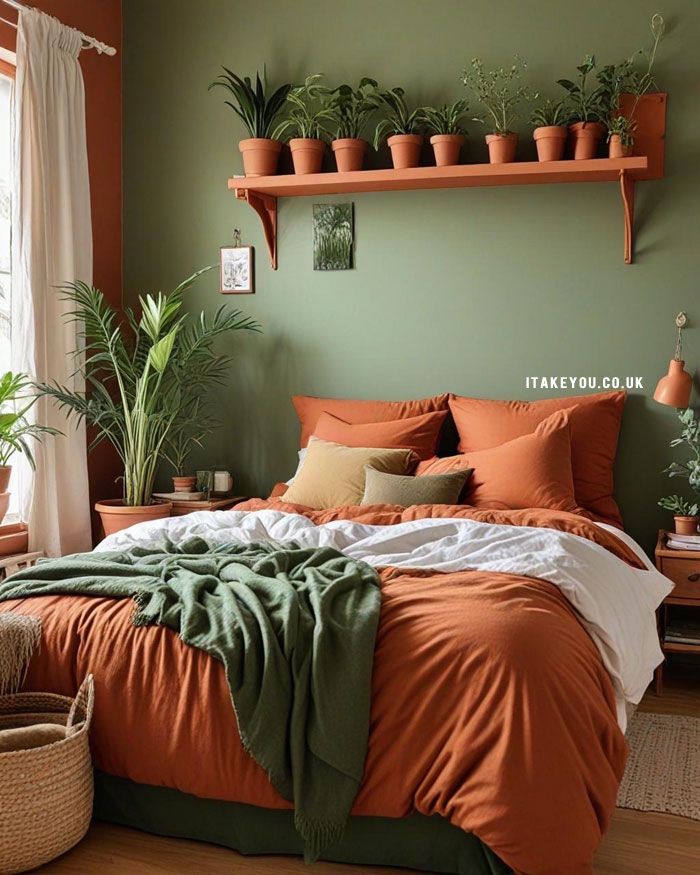 20 Stylish Bedroom Colour Combination Ideas : Earthy Green and Terracotta Combo Bedroom