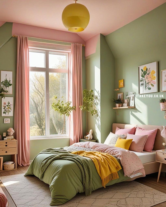 20 Stylish Bedroom Colour Combination Ideas : Green, Pink, and Sunshine Yellow Bedroom