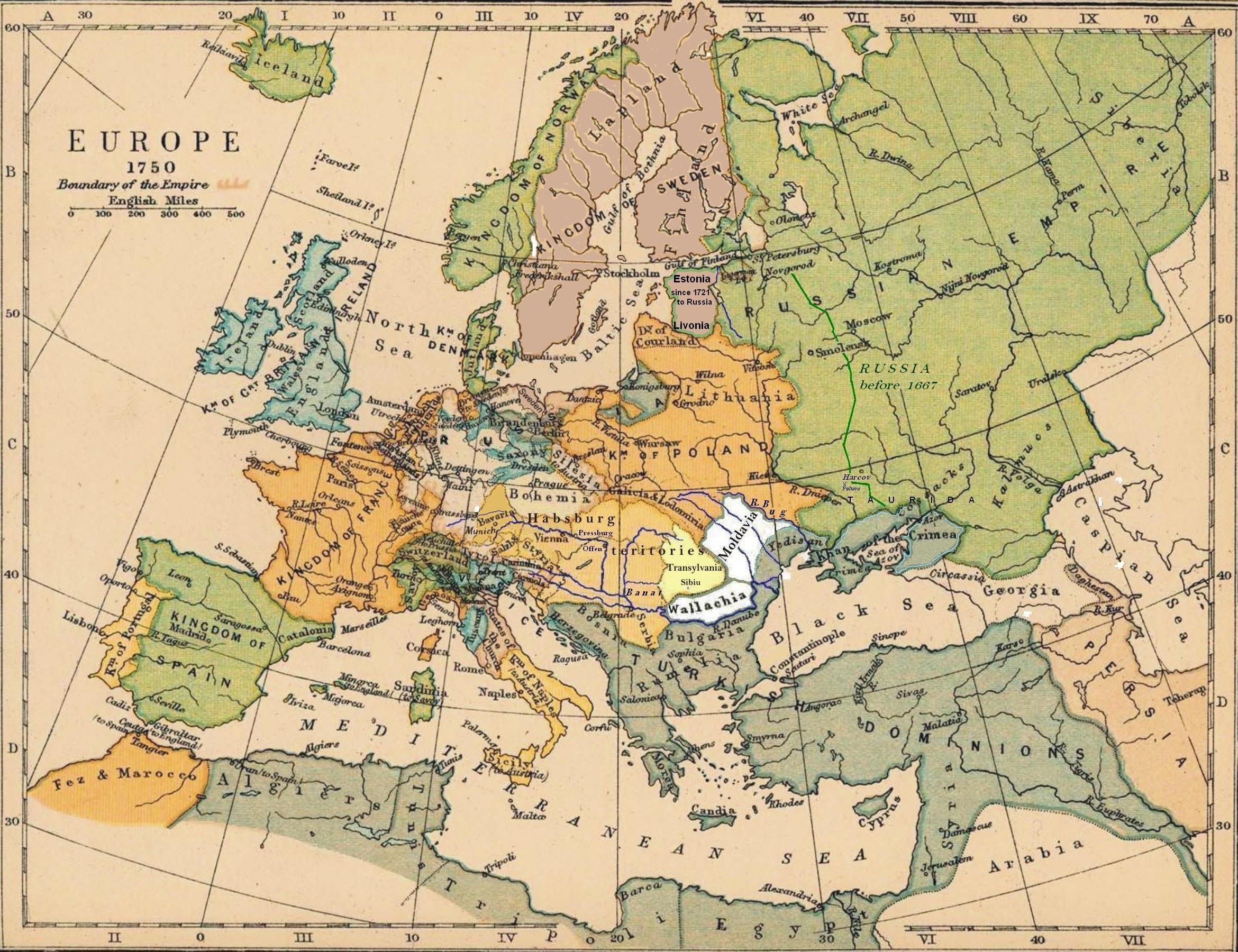 Historical map of Europe at 1750