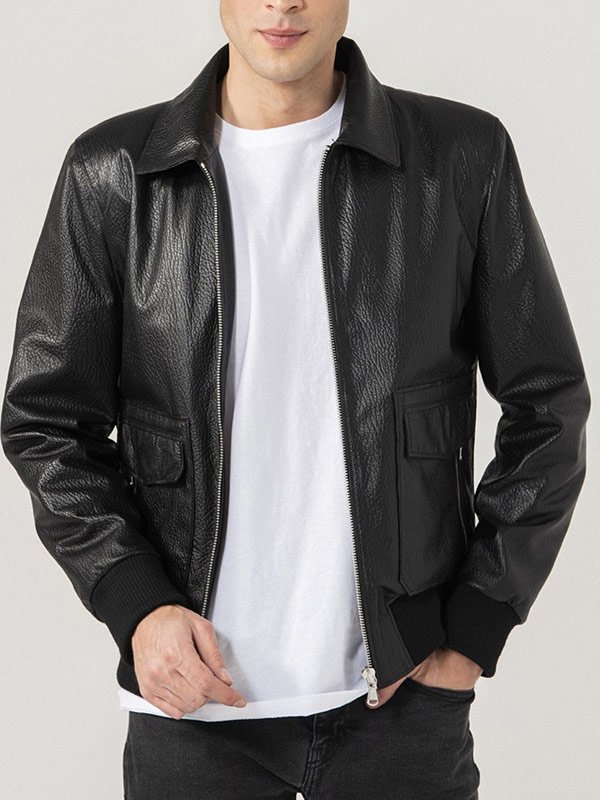 Mens Shirt Collar Black Bomber Leather Jacket