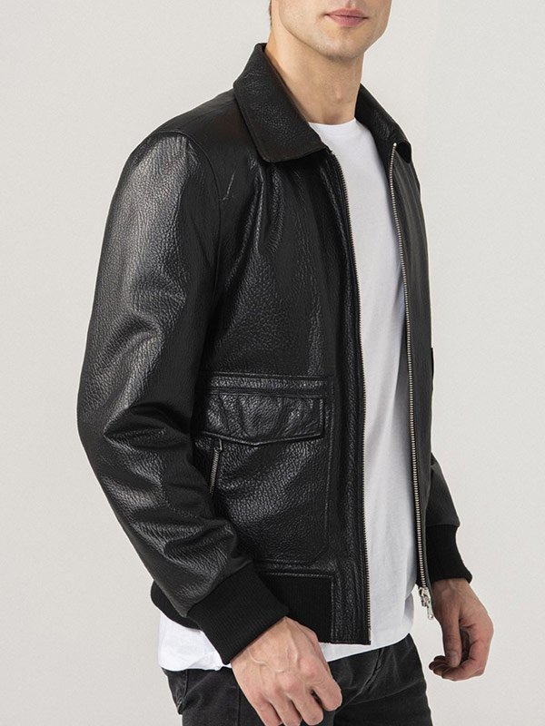 Mens Shirt Collar Black Leather Jacket