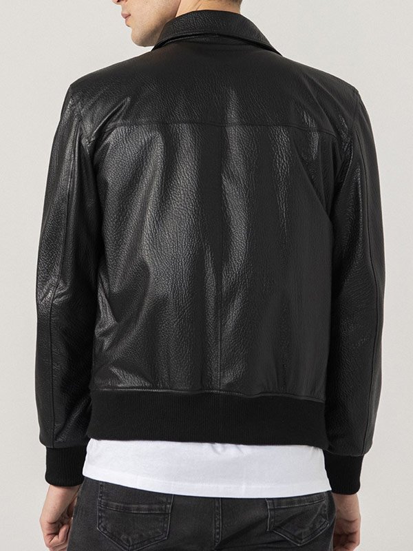 Shirt Style Collar Black Leather Bomber Jacket For Mens