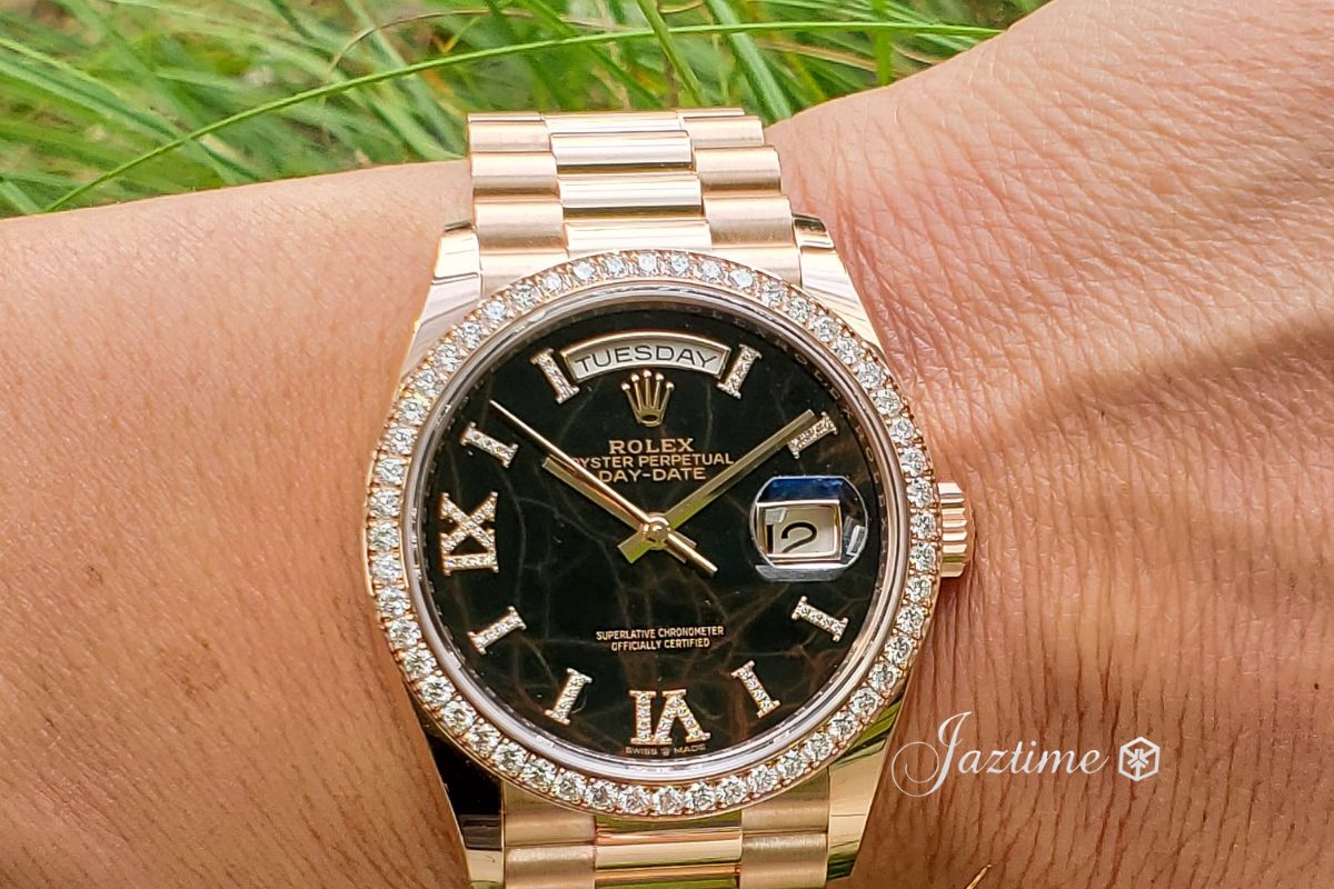 Wearing the Rolex Day-Date 36 President Rose Gold Eisenkiesel Dial & Diamond Bezel 128345RBR - Jaztime Blog - New & Used Luxury Watches - Orange County - CA - Jaztime Blog