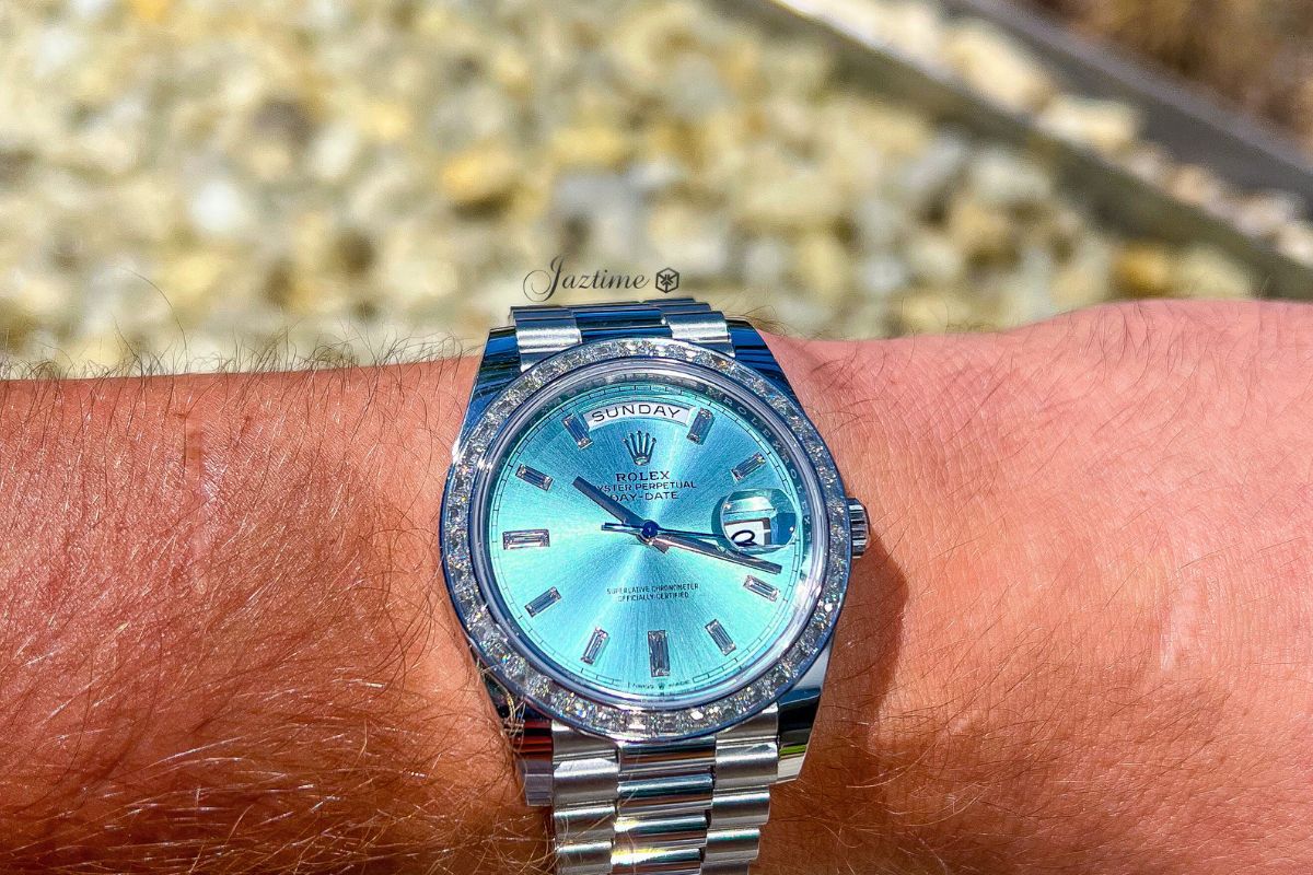 Wearing the Rolex Day-Date 40 President Platinum Ice Blue Diamond Dial 228396TBR - Jaztime Blog - New & Used Luxury Watches - Orange County - CA - Jaztime Blog