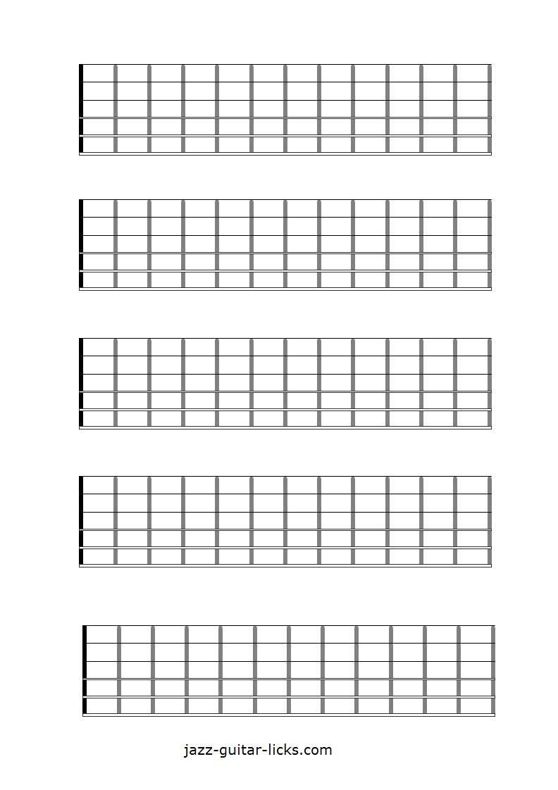 5 blank guitar fretboard diagrams