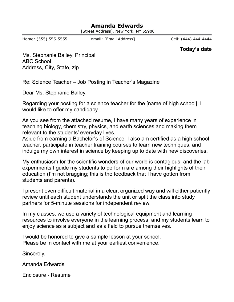 resume cover letter samples for teaching positions