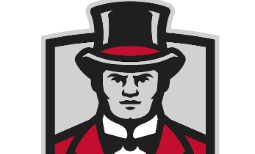 head and shoulders view of Johnnie Mascot with black top hat and red jacket.