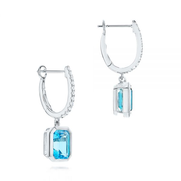 14k White Gold 14k White Gold Blue Topaz And Diamond Huggie Earrings - Front View -  106550