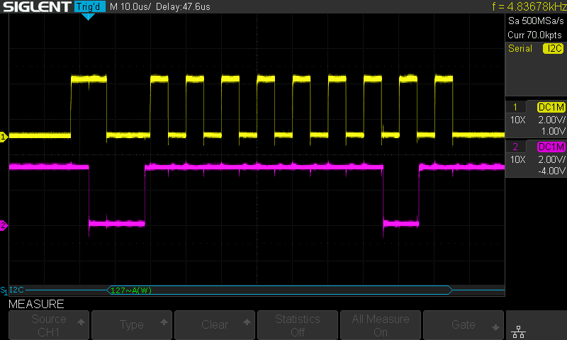 Using external 1 kOhm pull-up resistors, communicating at 100 KHz.