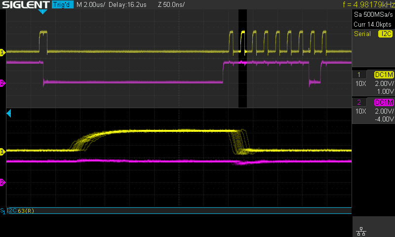 Using external 1 kOhm pull-up resistors, communicating at 1 MHz.